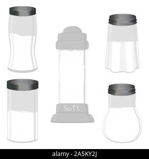 Illustration on theme big set different types glassware filled salt, shaker various size. Salt pattern consisting of collection glassware shaker for o Stock Vector