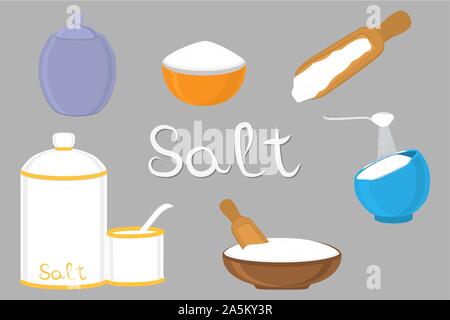 Illustration on theme big set different types filled salty salt, colored bowl various size. Salty salt pattern consisting of collection bowl for organ Stock Vector
