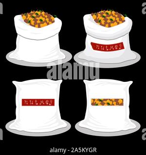 Illustration on theme big set different types spice nutmeg, sack various size. Nutmeg pattern consisting of collection spice meal from organic sacks. Stock Vector