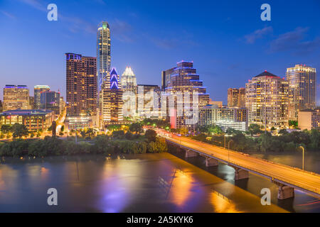 Austin, Texas, USA downtown city skyline on the Colorado River at dusk. Stock Photo