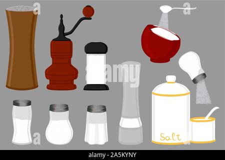 Illustration on theme big set different types glassware filled salt, mill various size. Salt pattern consisting of collection glassware mill for organ Stock Vector