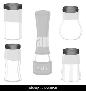 Illustration on theme big set different types glassware filled salt, shaker various size. Salt pattern consisting of collection glassware shaker for o Stock Vector