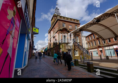 General view of the High Street with the old town hall - the Midsteeple in the centre of Dumfries Scotland UK Stock Photo