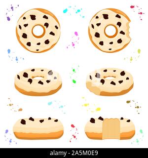 Illustration on theme big set different types sticky donuts, sweet doughnuts various size. Donut pattern consisting of collection organic doughnuts fr Stock Vector
