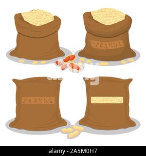 Vector illustration logo for bags filled with nuts peanut, storage in sacks. Peanut pattern consisting of ripe food, raw product on open Sack. Tasty f Stock Vector