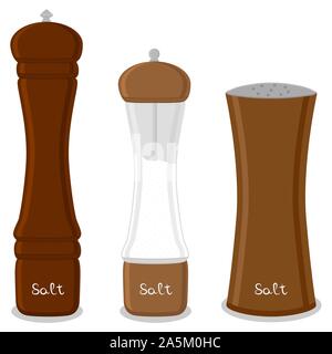 Illustration on theme big set different types glassware filled salt, shaker various size. Salt pattern consisting of collection glassware shaker for o Stock Vector
