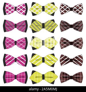Illustration on theme big colored set ribbon different types, bow tie various size. Ribbon pattern consisting of collection textile garments bow tie f Stock Vector