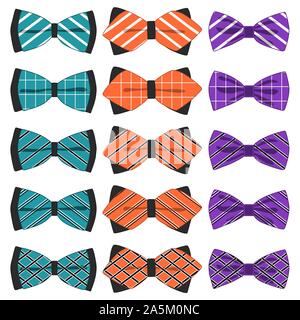 Illustration on theme big colored set ribbon different types, bow tie various size. Ribbon pattern consisting of collection textile garments bow tie f Stock Vector