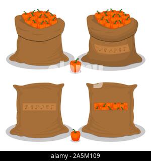 Vector illustration for bags filled with vegetable orange pepper, storage in sacks. Pepper pattern consisting of ripe food, raw product on open Sack. Stock Vector