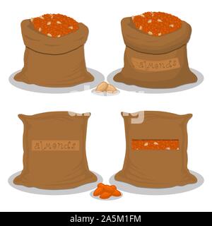 Vector illustration logo for bags filled with nuts brown almond, storage in sacks. Almond pattern consisting of ripe food, raw product on open Sack. T Stock Vector
