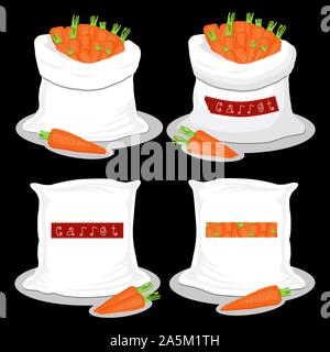 Vector illustration for bags filled with vegetable root carrot, storage in sacks. Carrot pattern consisting of ripe food, raw product on open Sack. Ta Stock Vector