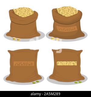 Vector illustration for bags filled with nuts green pistachio, storage in sacks. Pistachio pattern consisting of ripe food, raw product on open Sack. Stock Vector