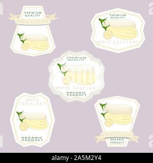 Vector icon illustration logo for whole ripe vegetable white eggplant, half aubergine with green stem. Eggplant pattern consisting of long slice raw v Stock Vector