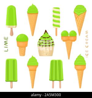 Vector illustration for natural lime ice cream on stick, in paper bowls, wafer cones. Ice Cream consisting of sweet cold icecream lolly, set tasty fro Stock Vector