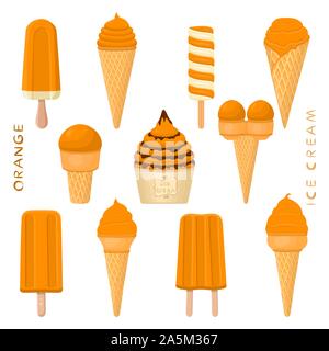 Vector illustration for natural orange ice cream on stick, in paper bowls, wafer cones. Ice Cream consisting of sweet cold icecream lolly, set tasty f Stock Vector