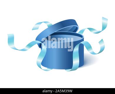 Blue opened 3d realistic round gift box with flying off cover and ribbons and place for your text, realistic box vector illustration. Stock Vector