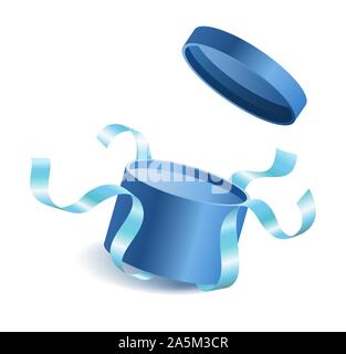 Blue opened 3d realistic round gift box with flying off cover and ribbons and place for your text, realistic box vector illustration. Stock Vector