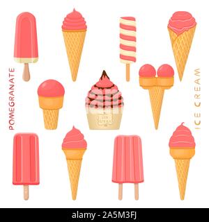 Vector illustration for natural pomegranate ice cream on stick, in paper bowls, wafer cones. Ice Cream consisting of sweet cold icecream lolly, tasty Stock Vector