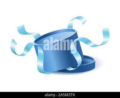 Blue opened 3d realistic round gift box with flying off cover and ribbons and place for your text, realistic box vector illustration. Stock Vector