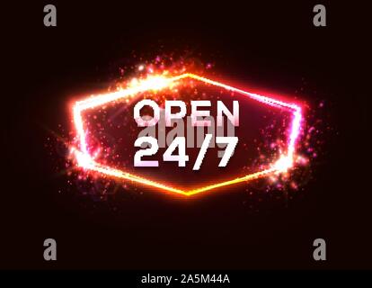 Open sign store 24 7. Retro neon sign Light letter Stock Vector
