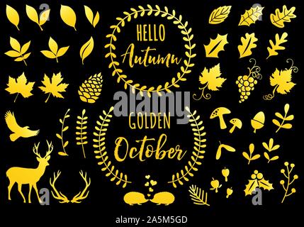 Autumn leaves, golden October, gold icons, set of vector design elements Stock Vector