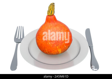 Hokkaido pumpkin on plate with fork and knife, 3D rendering isolated on white background Stock Photo