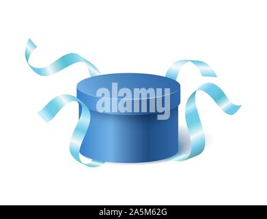 Blue opened 3d realistic round gift box with flying off cover and ribbons and place for your text, realistic box vector illustration. Stock Vector
