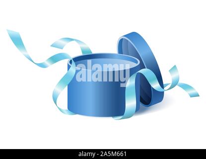 Blue opened 3d realistic round gift box with flying off cover and ribbons and place for your text, realistic box vector illustration. Stock Vector