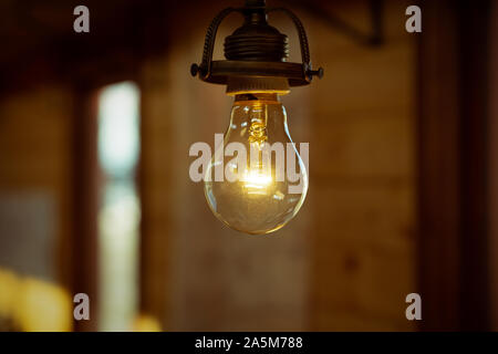 VSETIN, CZECH REPUBLIC/ September 29, 2019: Vintage bulb in wagon of old 1919-1920th train, blurred background. Stock Photo