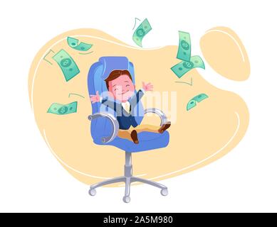 Young happy businessman in office chair under money rain. Financial education concept. Business success design. Stress-free time management, good earnings profit vector isolated on white background. Stock Vector