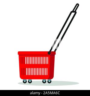 Color simple template icon of red plastic shopping basket with wheels and long handle. Flat style supermarket store basket isolated on white backgroun Stock Vector