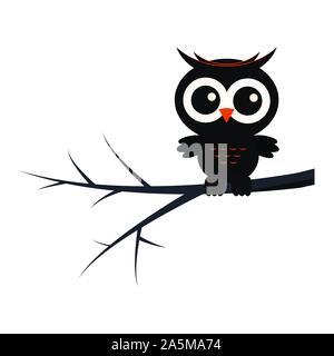 Happy Halloween animal character illustration black cute owl sitting on tree branch isolated on white background. Vector flat design illustration. Car Stock Vector