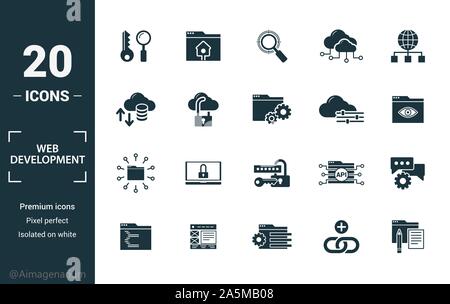 Web Development icon set. Include creative elements key search, seo, cloud storage, cloud management, network connection icons. Can be used for report Stock Vector