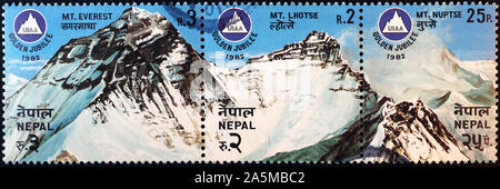 Mount Everest on postage stamp of Nepal Stock Photo