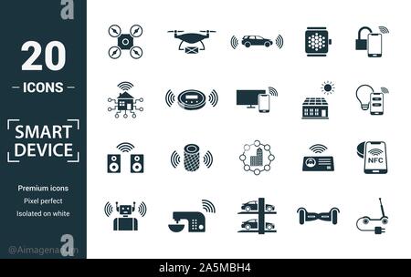 Smart Devices icon set. Include creative elements drone, smart car, smart house, solar battery roof, smart speaker icons. Can be used for report Stock Vector