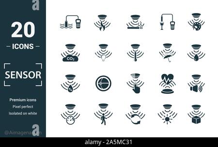 Sensor icon set. Include creative elements water quality sensor, smoke detector, gas, rain sensor, humidity sensor icons. Can be used for report Stock Vector