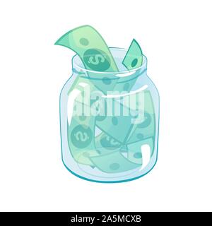 Glass jar with dollars. Financial investment concept. Save money in bank, banking security design. Cash savings in bottle. Charity, donation vector illustration template isolated on white background. Stock Vector