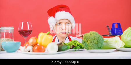 Christmas Menu Woman Chef Or Housewife Cooking And Drink Wine No Stress Best Christmas Recipes Enjoy Easy Ideas For Winter Party And Holiday Dinner Festive Menu Concept Christmas Dinner Idea Stock Photo