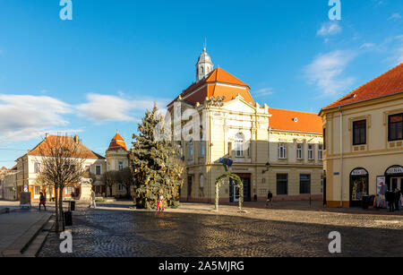 A Christmas tree in front of the Mayor's Office on Zrinyi square, Szigetvar city centre, Hungary Stock Photo