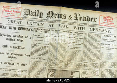 The Daily News & Reader newspaper on Wednesday 5th August 1914 announcing the start of World War One. Stock Photo