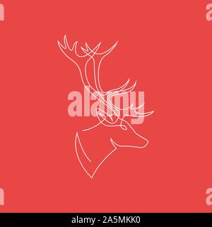 One continuous line drawing of Reindeer Christmas sign. Deer head on red background. Vector illustration. EPS 10 Stock Vector