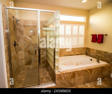 Modern Bathroom With Jacuzzi Tub & Bottle Glass Shower Stock Photo