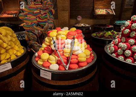 A beautiful display of Macaroon Mallows for sale at Captain Candy, a sweets by the pound store in the Old City of Dubrovnik, Croatia. Stock Photo