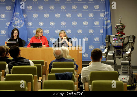 (191021) -- UNITED NATIONS, Oct. 21, 2019 (Xinhua) -- (L-R) Liz O'Sullivan with the International Committee for Robot Arms Control (ICRAC), Mary Wareham, global coordinator of the Campaign to Stop Killer Robots, and Jody Williams, Nobel Peace Prize co-laureate and the founding coordinator of the International Campaign to Ban Landmines (ICBL) attend a press conference on the Campaign to Stop Killer Robots, at the UN headquarters in New York, Oct. 21, 2019. Mary Wareham on Monday urged the international community to stop developing lethal autonomous weapons systems, or killer robots. (Xinhua/Li Stock Photo