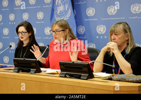 (191021) -- UNITED NATIONS, Oct. 21, 2019 (Xinhua) -- (L-R) Liz O'Sullivan with the International Committee for Robot Arms Control (ICRAC), Mary Wareham, global coordinator of the Campaign to Stop Killer Robots, and Jody Williams, Nobel Peace Prize co-laureate and the founding coordinator of the International Campaign to Ban Landmines (ICBL) attend a press conference on the Campaign to Stop Killer Robots, at the UN headquarters in New York, Oct. 21, 2019. Mary Wareham on Monday urged the international community to stop developing lethal autonomous weapons systems, or killer robots. (Xinhua/Li Stock Photo