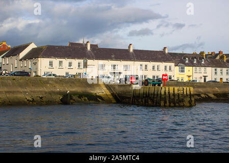 11 October 2019 The seafront at the picturesque village of Portaferry in County Down Northern Ireland seen against a dark cloudy sky in Autumn Stock Photo