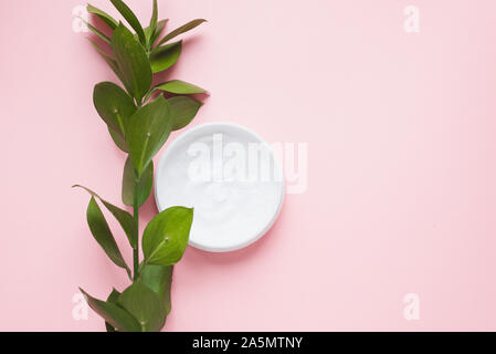 Means for skin care, rejuvenation and hydration of the face. Moisturizing cream on a patel pink background with a branch of green . The philosophy of Stock Photo