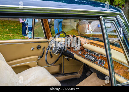 BADEN BADEN, GERMANY - JULY 2019: beige leather interior of MERCEDES-BENZ W111 280SE 280 SE coupe 1961 1971, oldtimer meeting in Kurpark.
