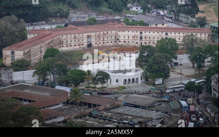 The top view of the center of Kandy city. This city is traffic Jam. Kandy city aerial view from Bahirawakanda Sri Maha Bodhi temple. Stock Photo