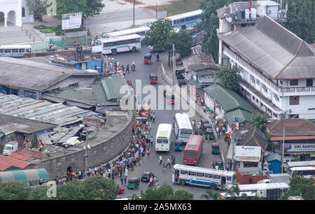 The top view of the center of Kandy city. This city is traffic Jam. Kandy city aerial view from Bahirawakanda Sri Maha Bodhi temple. Stock Photo